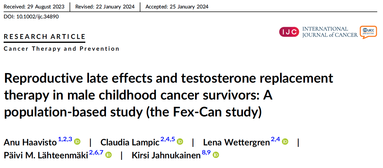 Reproductive late effects and testosterone replacement therapy in male childhood cancer survivors: A population-based study (the Fex-Can study)